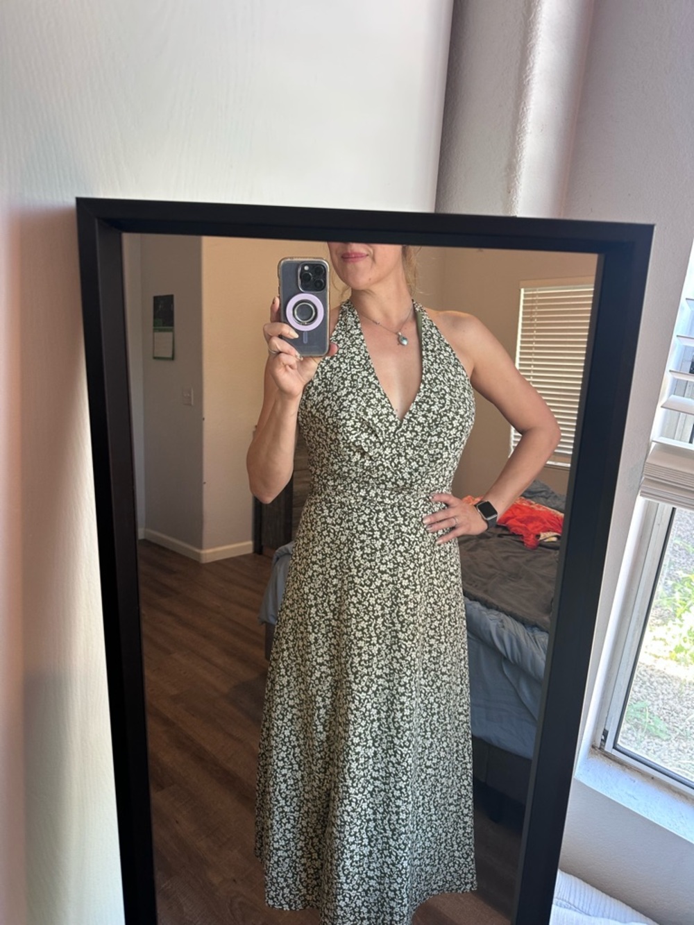 Lulu's Olive Green Halter Maxi Dress with Floral Print